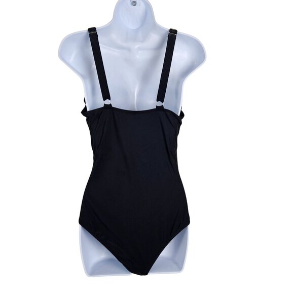 Womens Black One-Piece Swimsuit V Neck Sheer Mesh Panel Adjustable Straps Medium - Picture 5 of 9